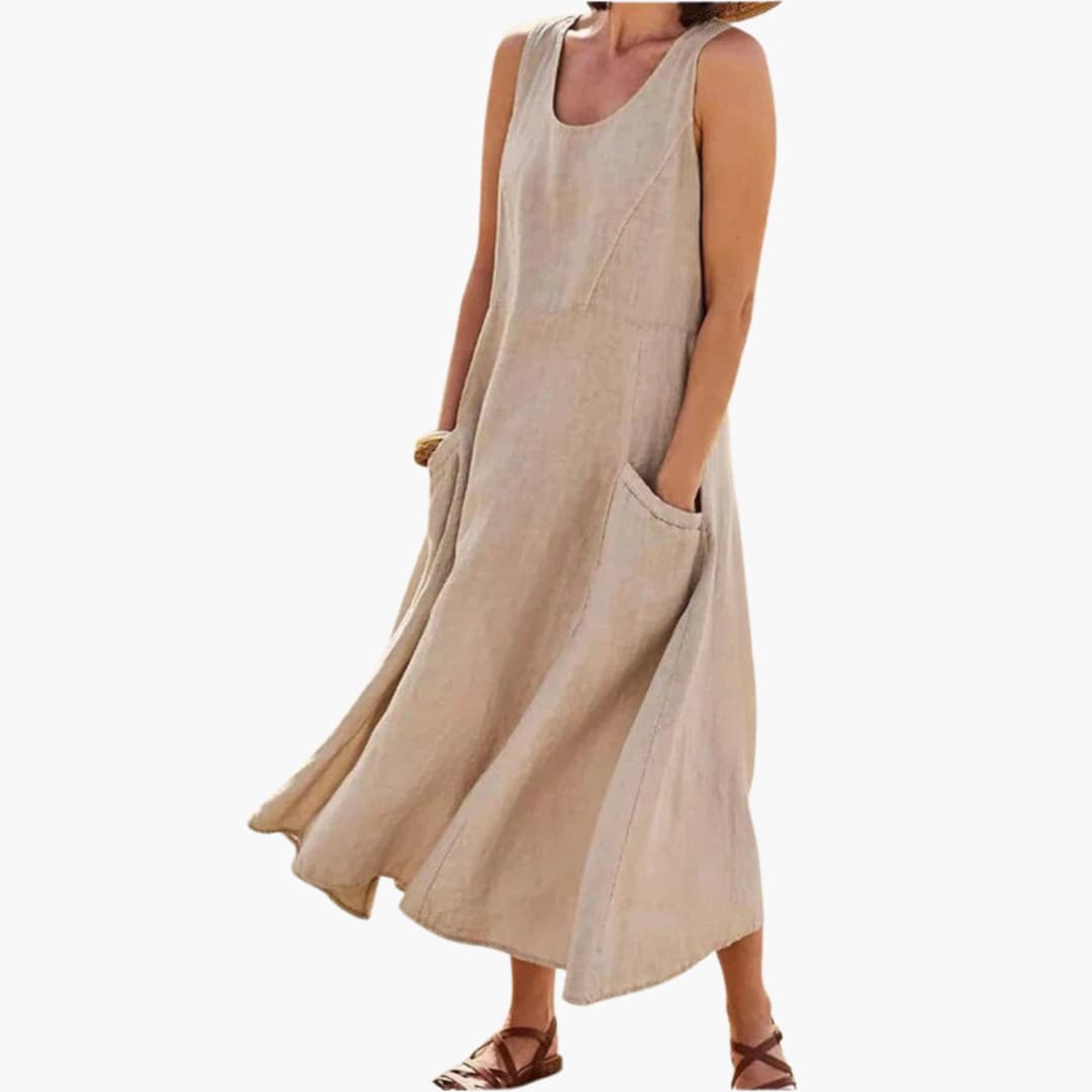 JO | Women's linen sleeveless midi dress with round neckline and pockets