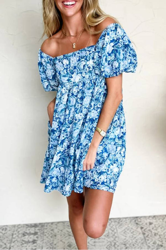 JO | Blue floral babydoll mini dress with puff sleeves