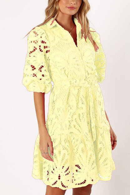 JO | Solid color lace neckline balloon sleeves and waist tie mini dress
