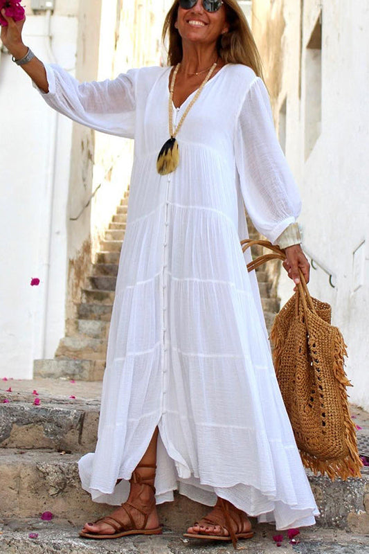 JO | Seraphina cotton-linen blend, tiered maxi dress with button placket