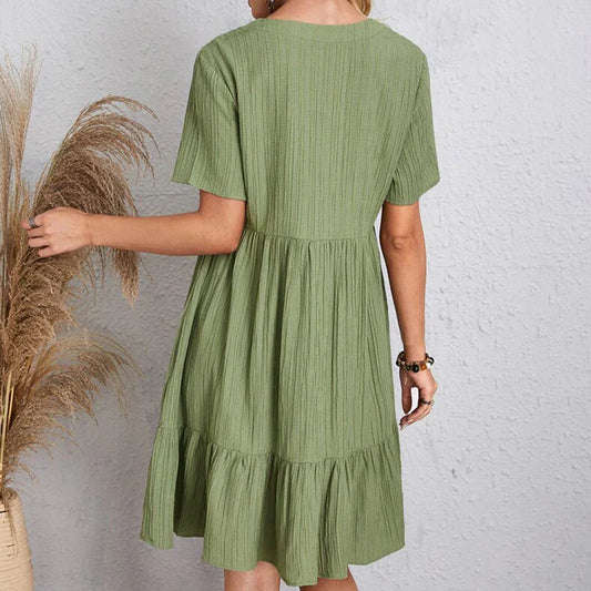 JO | Summer Solid Dress Women Casual Bohemian V Neck Short Sleeve Ruffle Loose A Line Mini Dress for Elegant Beach Days