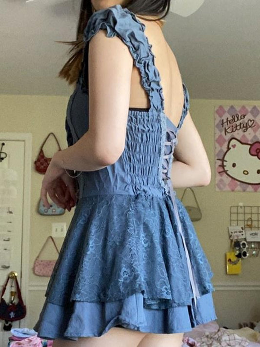JO | Patchwork lace mini dress with striped straps