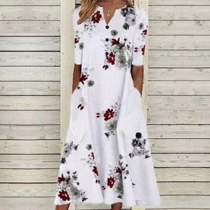 JO | Women's midi dress - V-neck - button placket - short sleeves - floral butterfly print - pockets