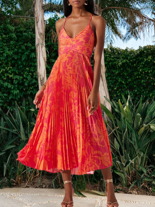 JO | Elegant midi dress for women with floral print, pleats and breathable fabric