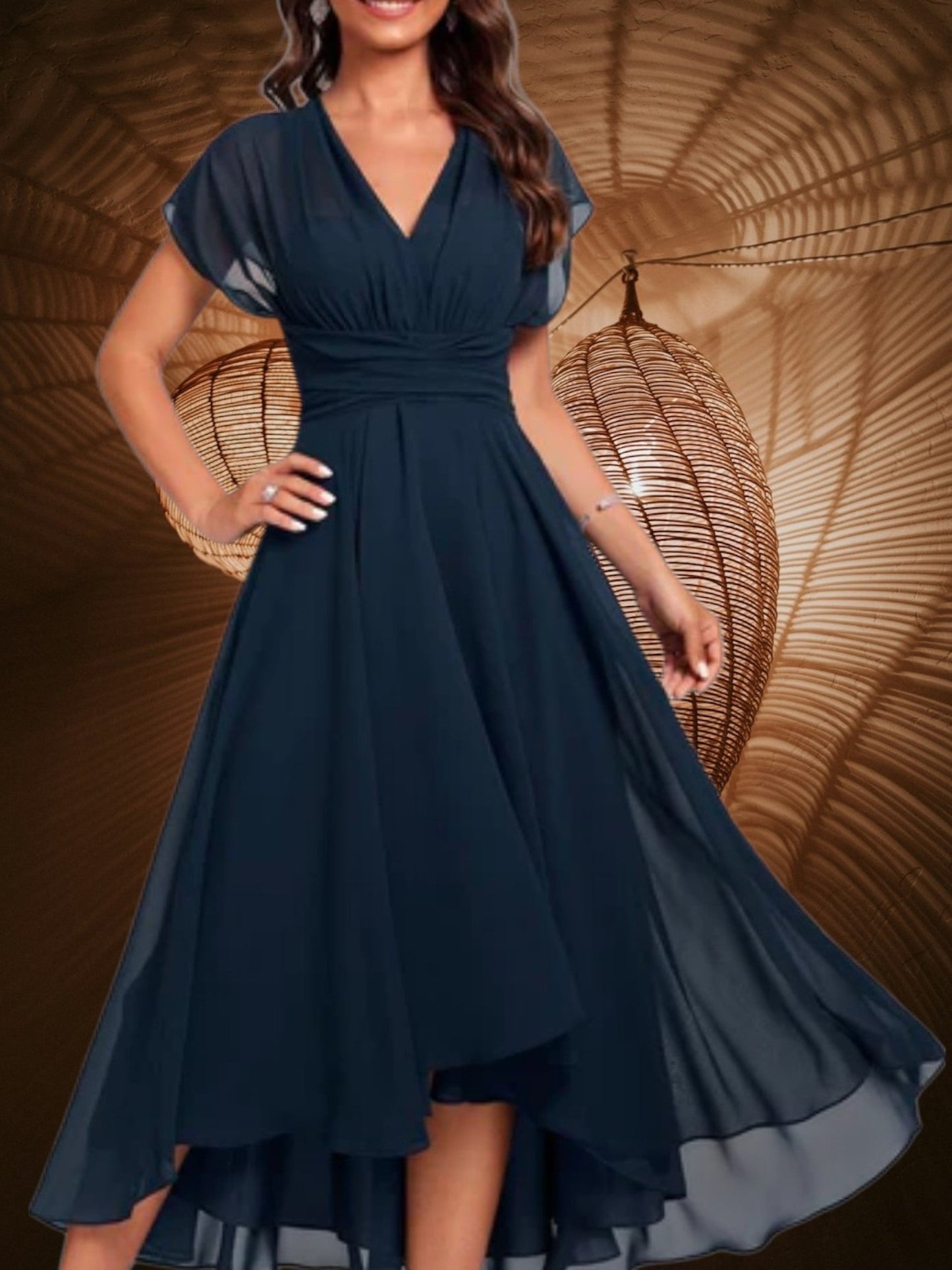 JO | Women's V-neck midi dress with short sleeves and fitted skirt