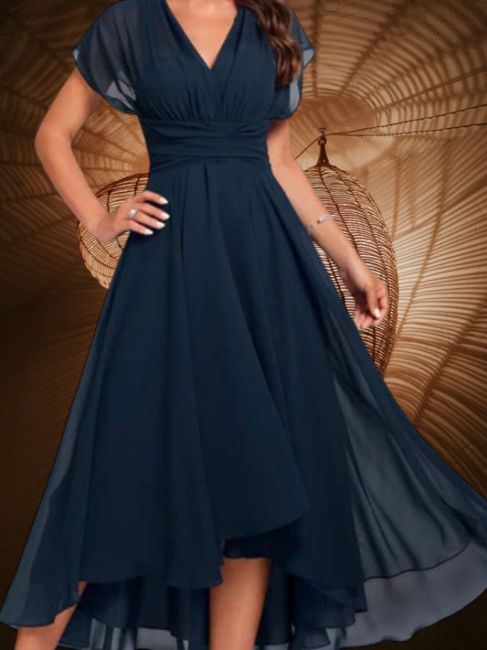 JO | Women's V-neck midi dress with short sleeves and fitted skirt