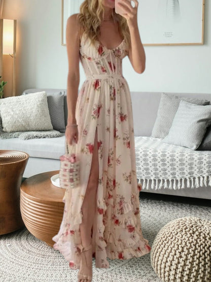 JO | Elegant festive lace midi dress with floral details and sleeveless for women