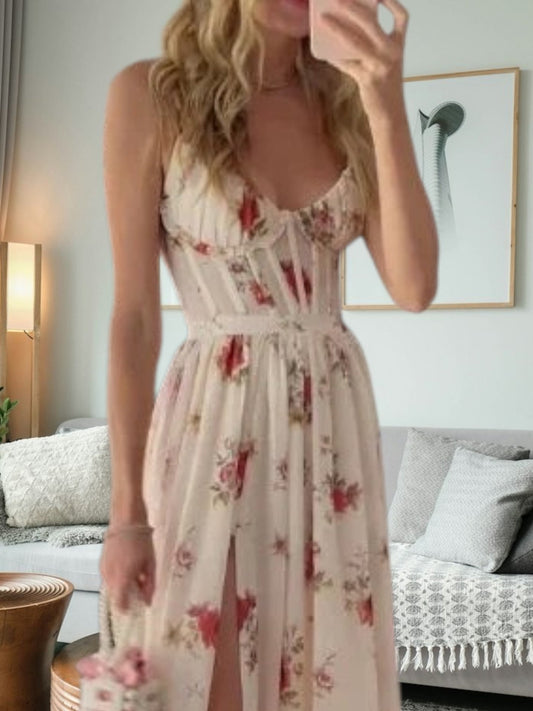 JO | Elegant festive lace midi dress with floral details and sleeveless for women