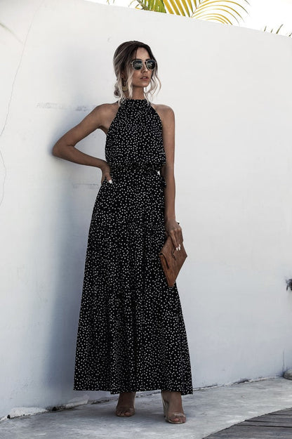 JO | Maxi dress with tie belt and colorful polka dot pattern