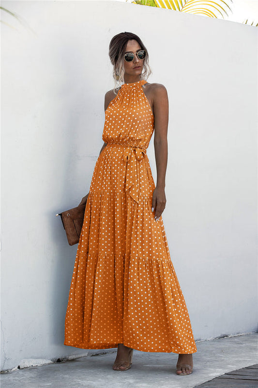 JO | Maxi dress with tie belt and colorful polka dot pattern