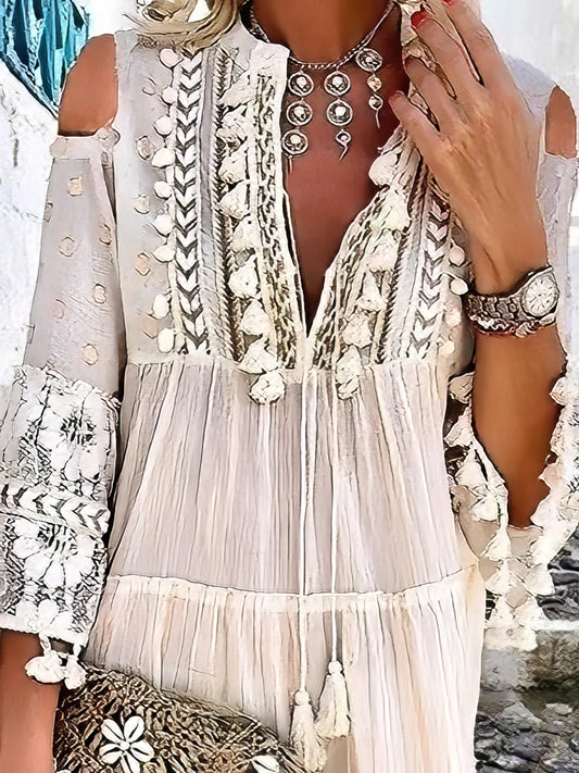 JO | Fashion V-neck lace fringed mini dress