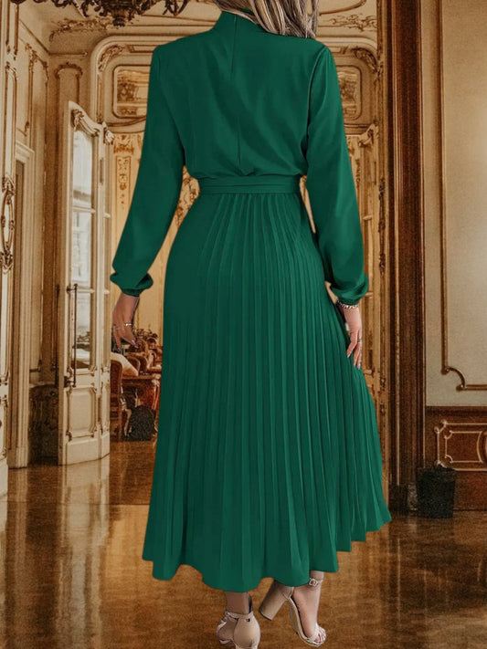 JO | Pleated midi dress with waist belt and long sleeves