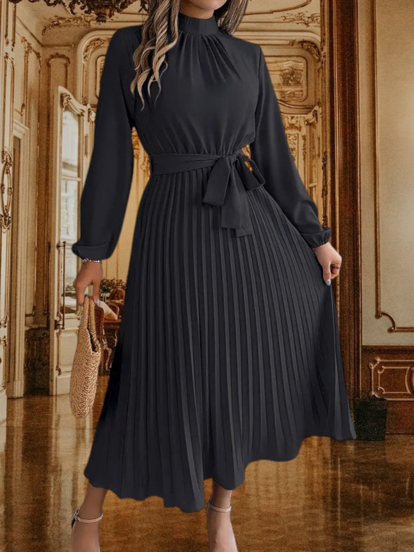 JO | Pleated midi dress with waist belt and long sleeves