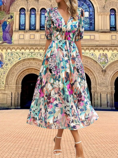 JO | Floral midi dress with puff sleeves