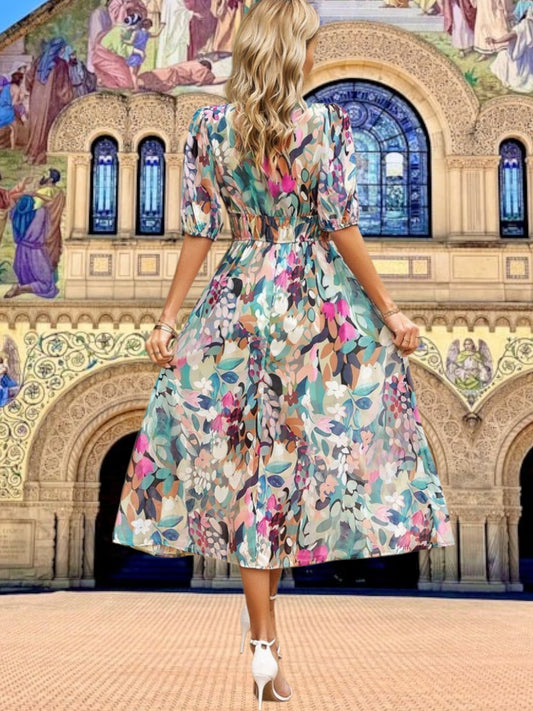 JO | Floral midi dress with puff sleeves