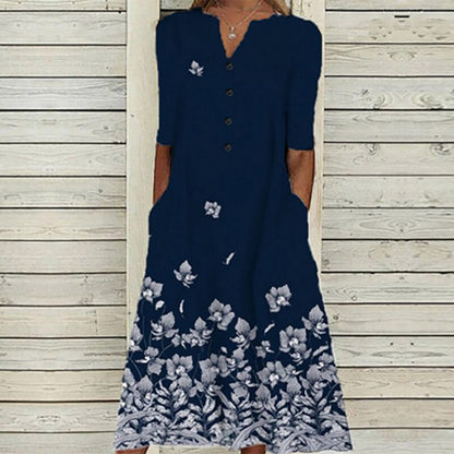 JO | Women's midi dress - V-neck - button placket - short sleeves - floral butterfly print - pockets