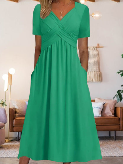 JO | Women's V-neck A-line midi dress with short sleeves