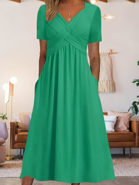 JO | Women's V-neck A-line midi dress with short sleeves
