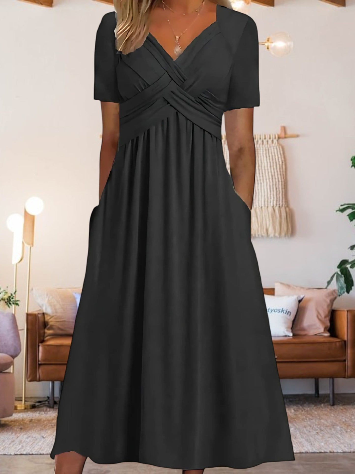 JO | Women's V-neck A-line midi dress with short sleeves