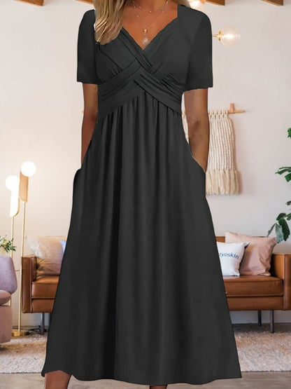 JO | Women's V-neck A-line midi dress with short sleeves