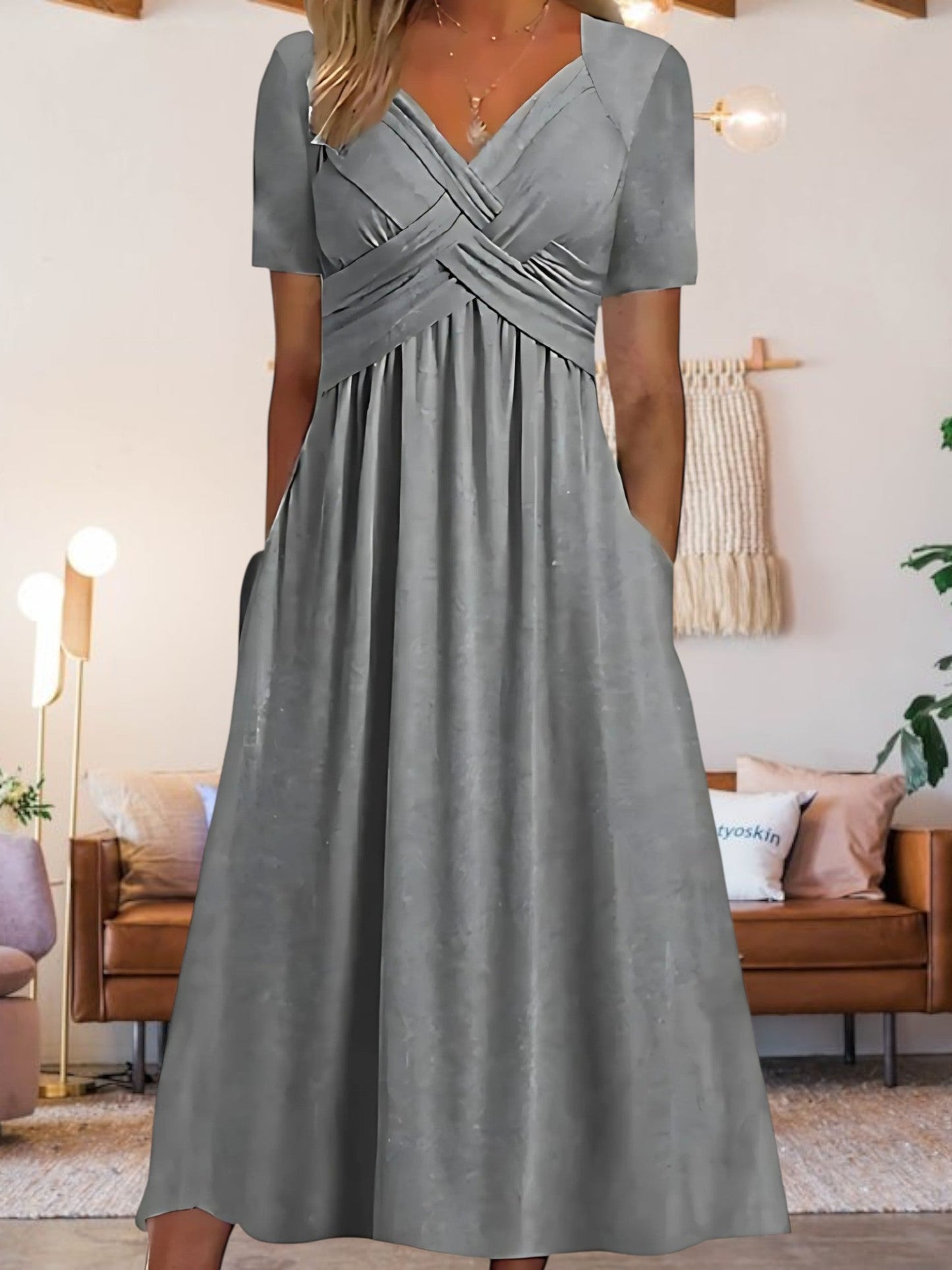 JO | Women's V-neck A-line midi dress with short sleeves