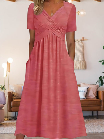 JO | Women's V-neck A-line midi dress with short sleeves