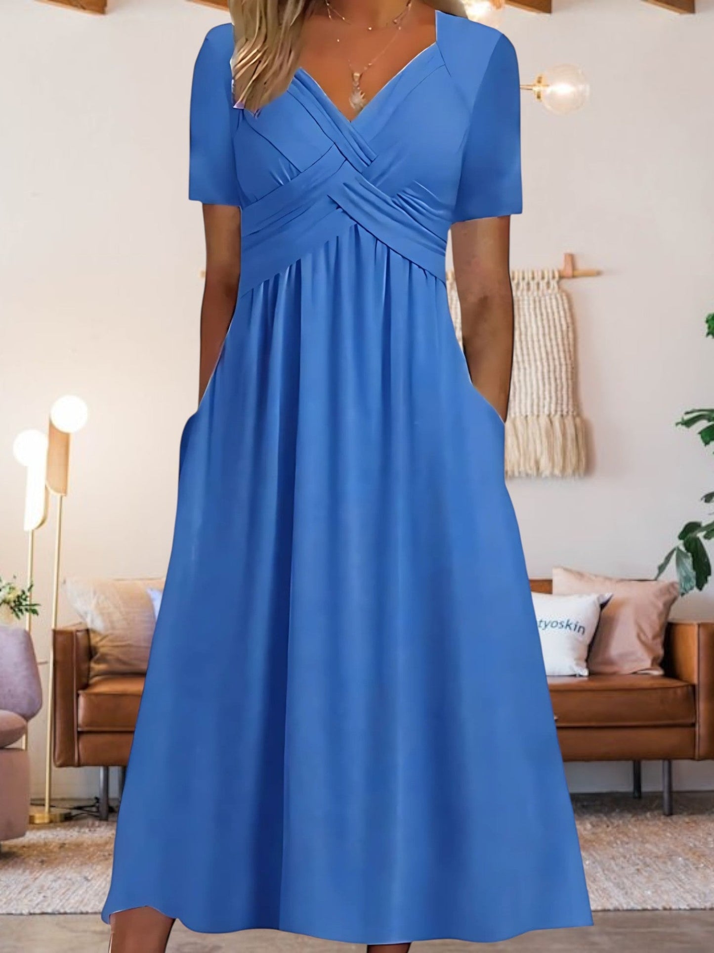 JO | Women's V-neck A-line midi dress with short sleeves