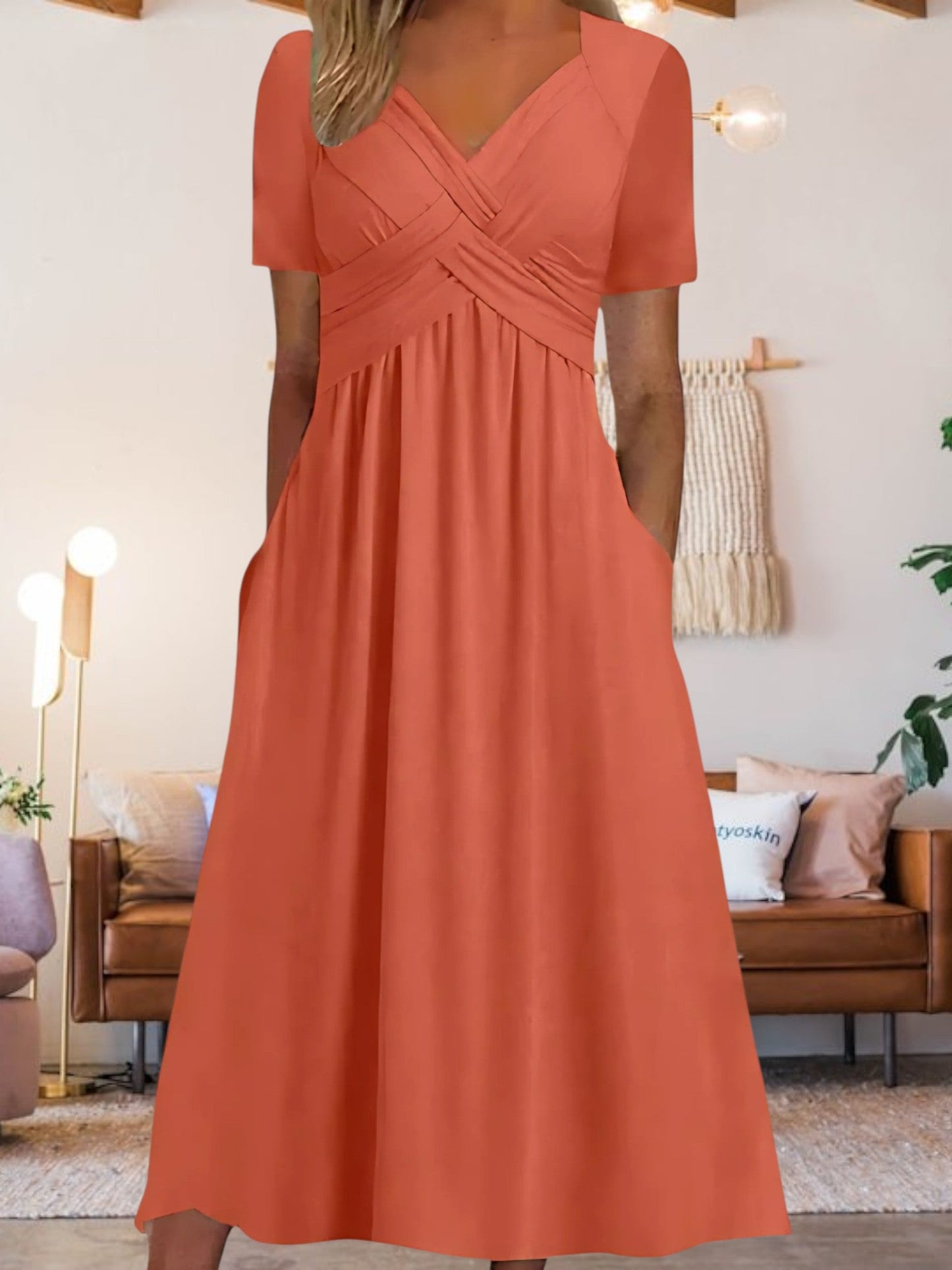 JO | Women's V-neck A-line midi dress with short sleeves