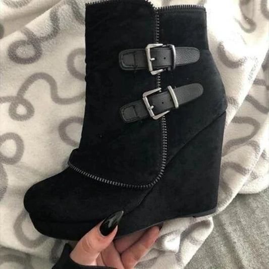 JO | suede wedge ankle boots with buckled straps