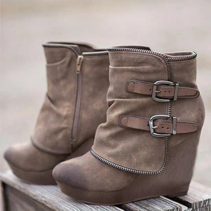 JO | suede wedge ankle boots with buckled straps