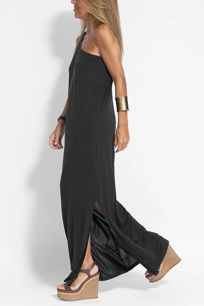 JO | Casual one-shoulder sleeveless midi dress in cotton and linen with a loose fit