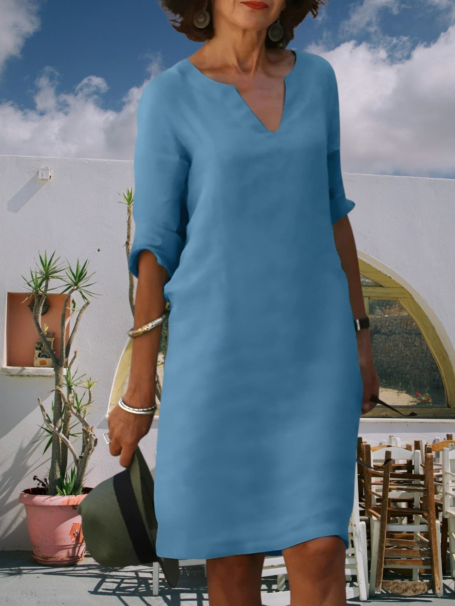 JO | Women's knee-length mini dress with V-neck and 3/4 sleeves