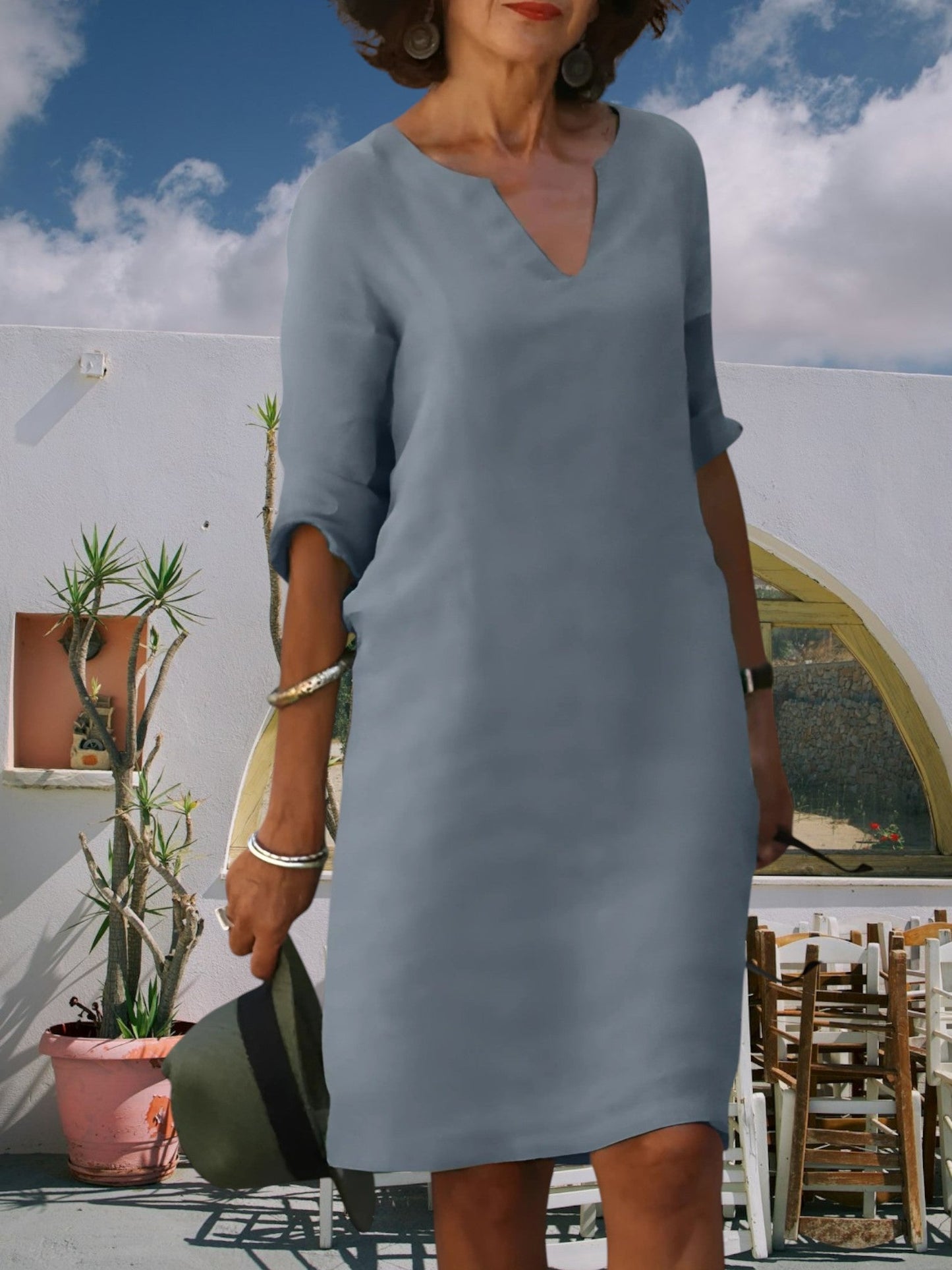 JO | Women's knee-length mini dress with V-neck and 3/4 sleeves