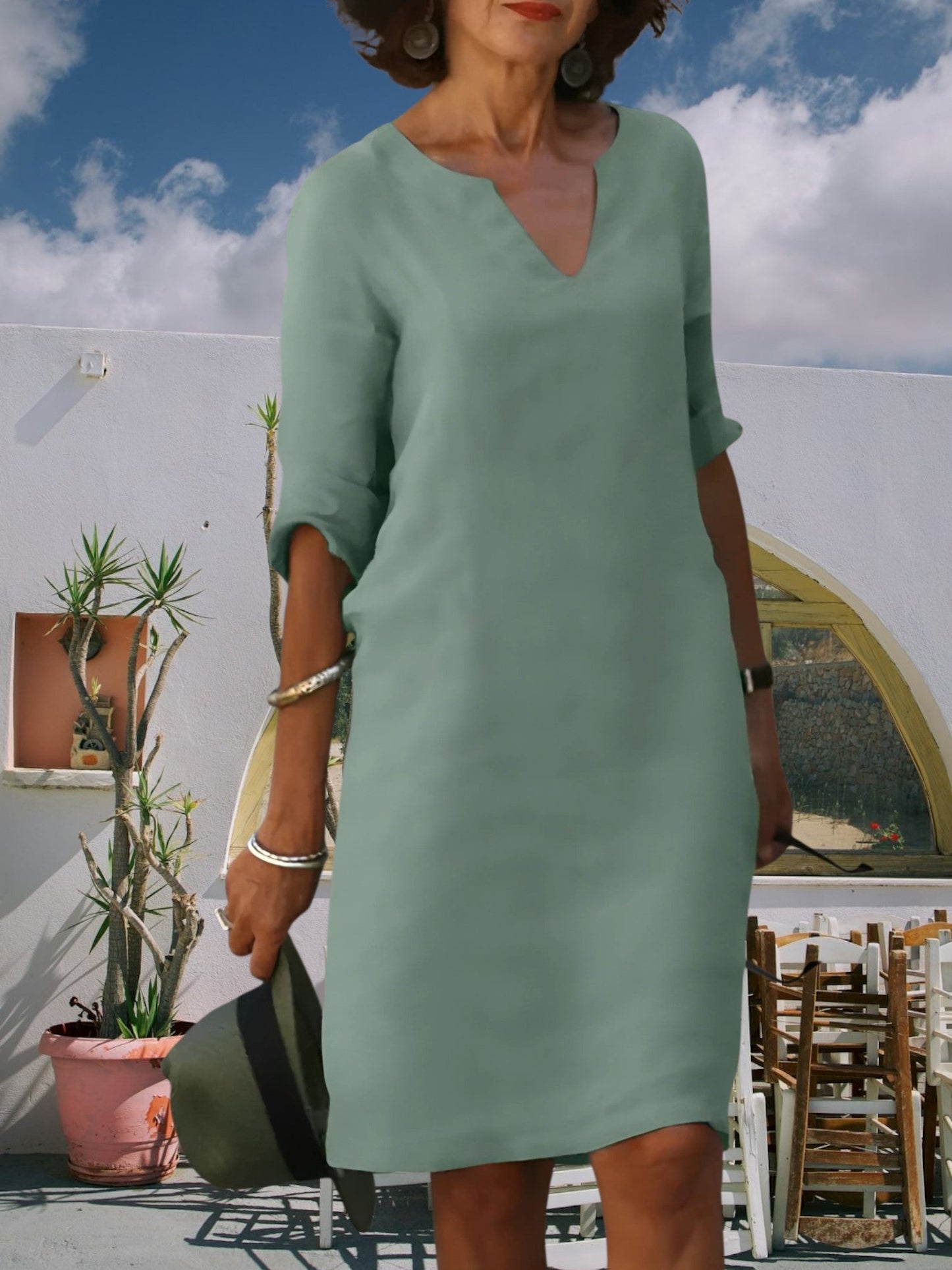 JO | Women's knee-length mini dress with V-neck and 3/4 sleeves