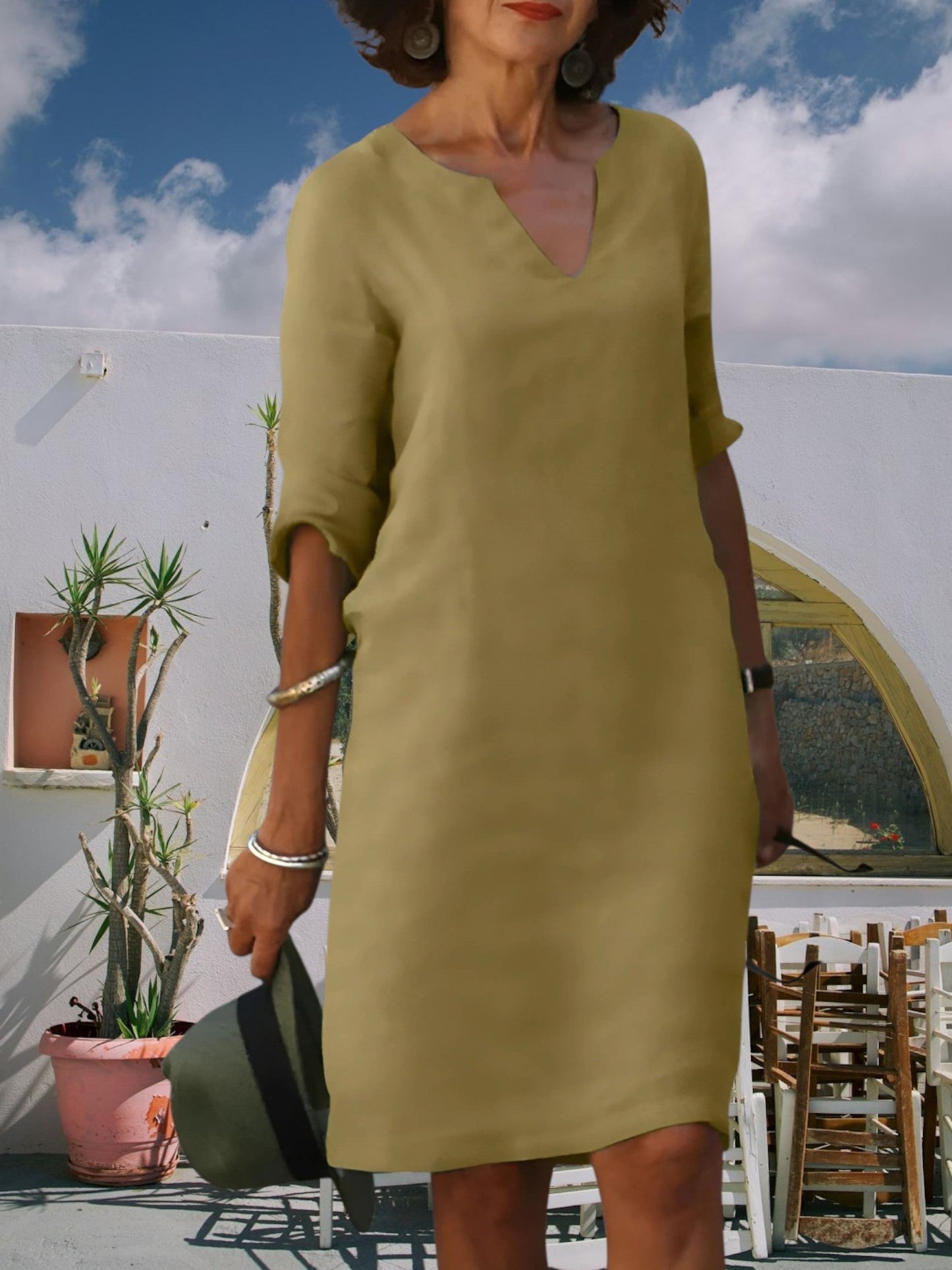 JO | Women's knee-length mini dress with V-neck and 3/4 sleeves