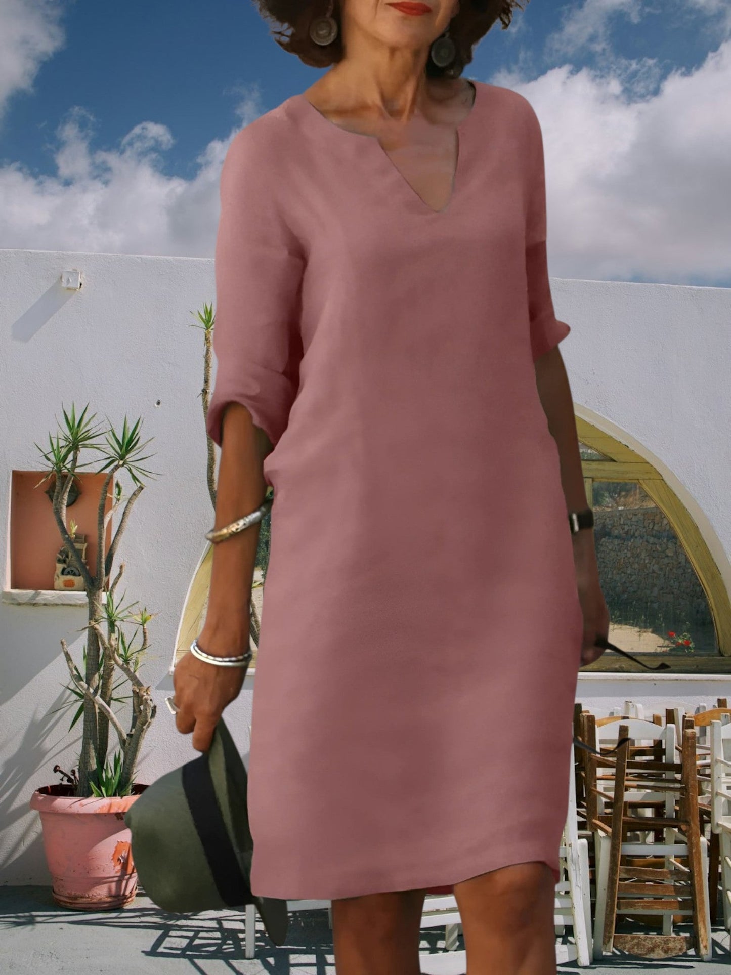 JO | Women's knee-length mini dress with V-neck and 3/4 sleeves