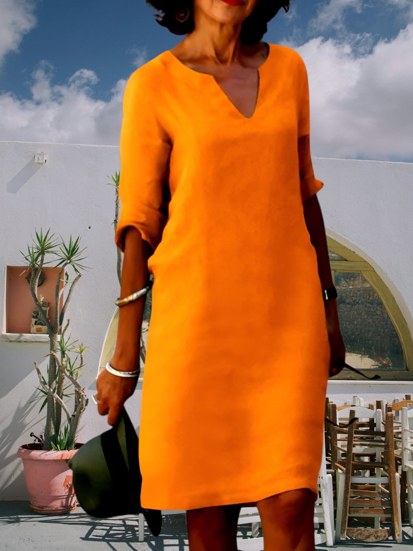 JO | Women's knee-length mini dress with V-neck and 3/4 sleeves