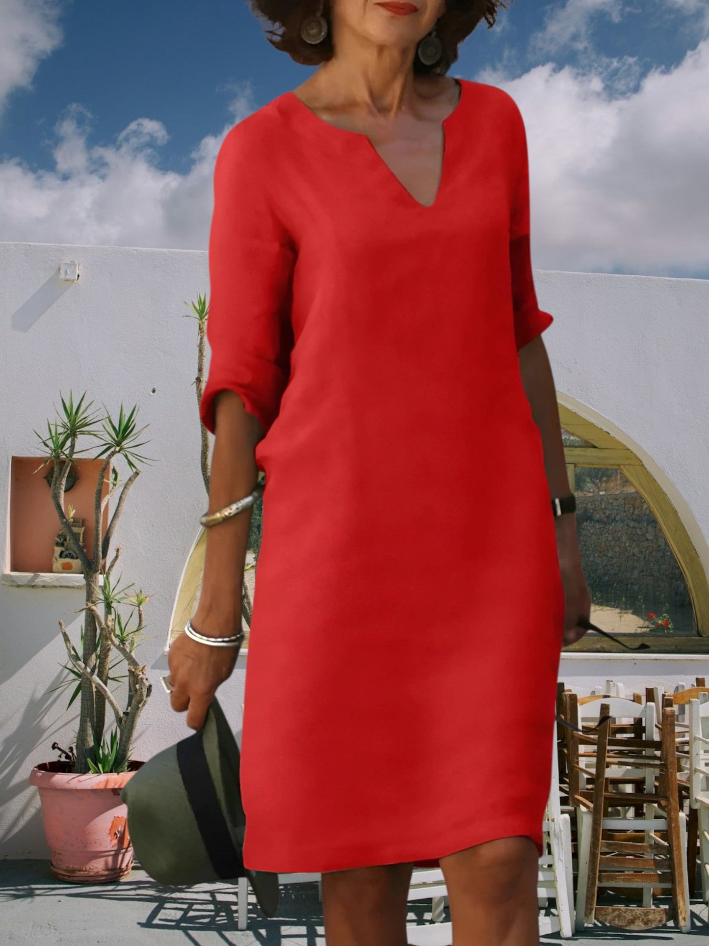 JO | Women's knee-length mini dress with V-neck and 3/4 sleeves