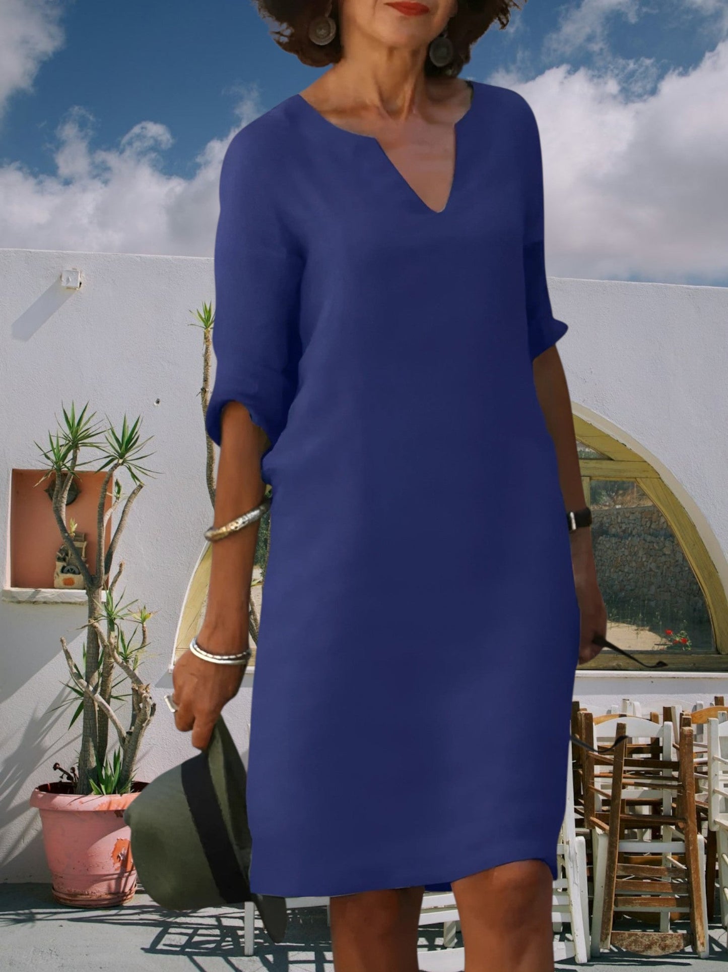 JO | Women's knee-length mini dress with V-neck and 3/4 sleeves