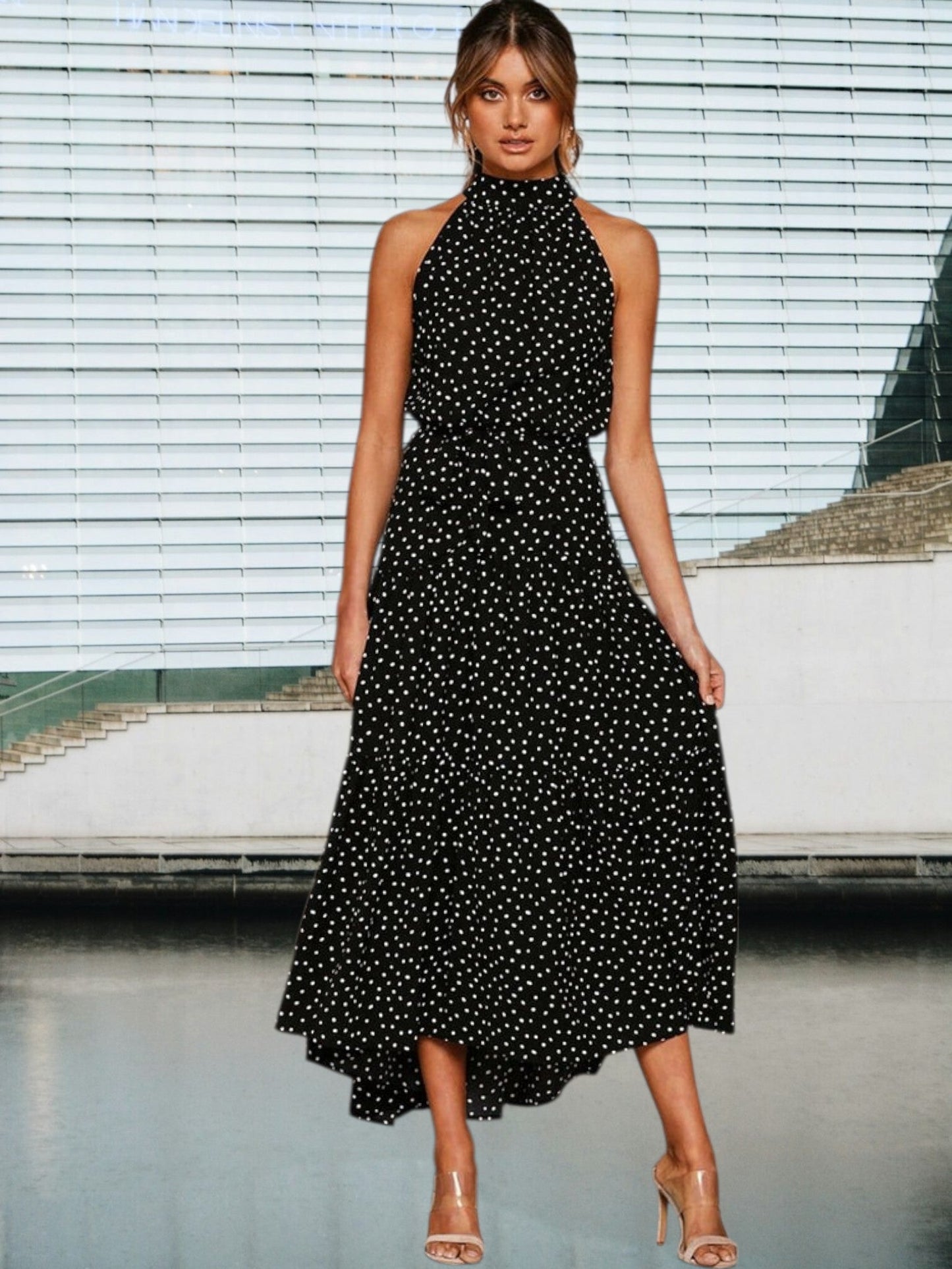 JO | Playful midi dress with polka dots and waist belt