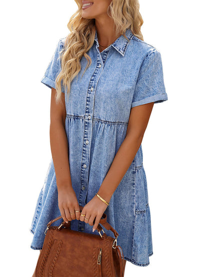 JO | Button Down Belt Pleated Flare A-Line Shirt Midi Dress