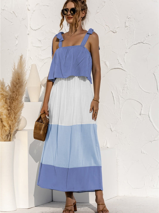 JO | Color Block Tie Shoulder Tiered Sleeveless Midi Dress