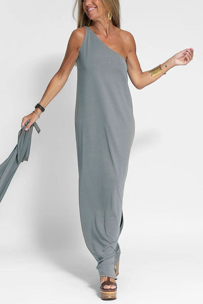 JO | Casual one-shoulder sleeveless midi dress in cotton and linen with a loose fit