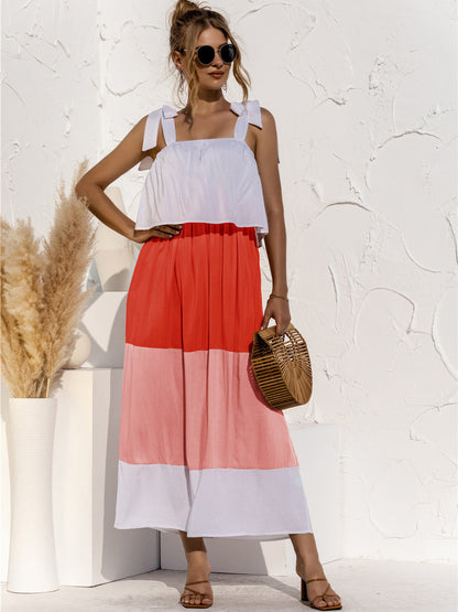 JO | Color Block Tie Shoulder Tiered Sleeveless Midi Dress