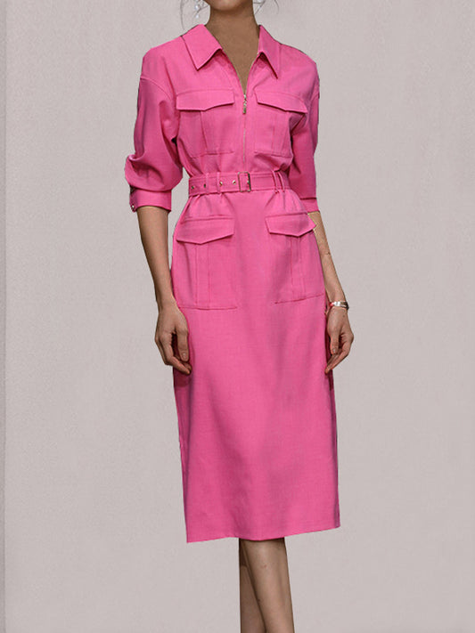 JO | Multi-pocket safari shirt with belt and collar midi dress