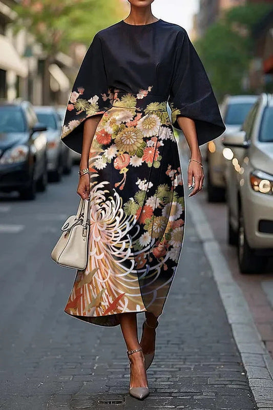 JO | Women's midi dress - A-line - kimono sleeves - floral print