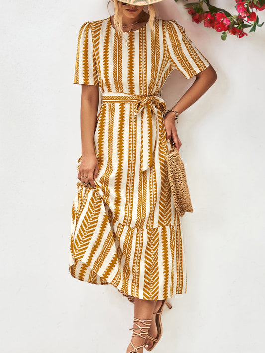 JO | Striped tie Belt Round neckline Puff sleeves Midi dress