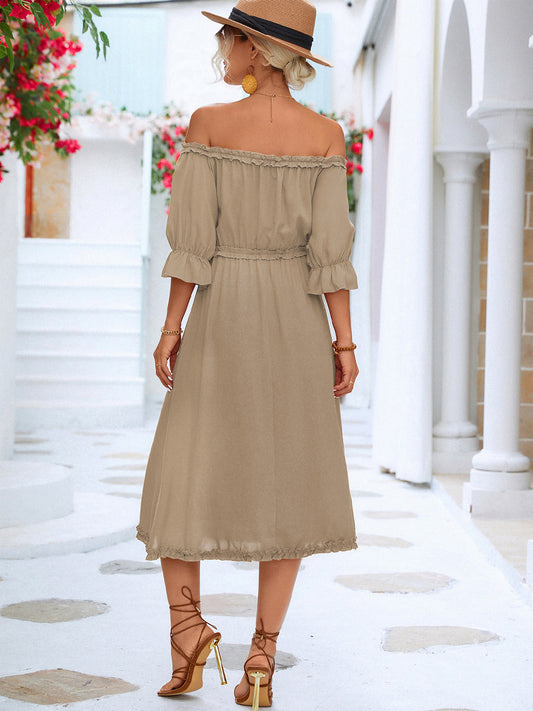 JO | Ruffled off-the-shoulder midi dress with flounce sleeves