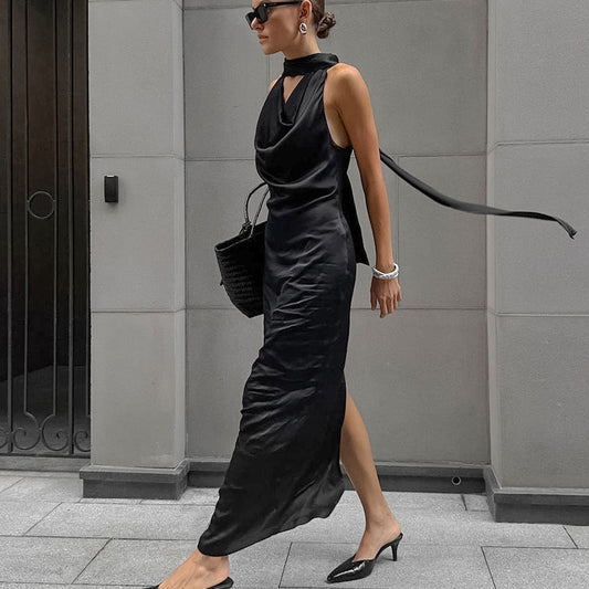 JO | Women's halterneck midi dress - Satin - Slim fit - Draped neckline - Formal wear