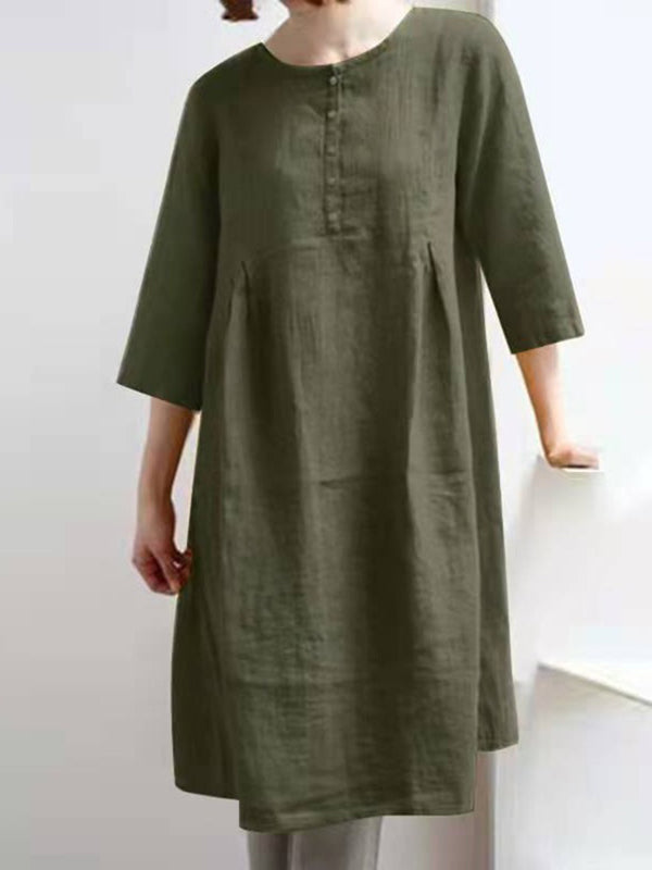 JO | Retro Cotton Linen Solid Pleated Half Sleeve Mini Dress